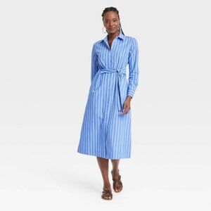 100% Cotton Women's Long Sleeve Tie-Front Midi Shirtdress L US 12/14